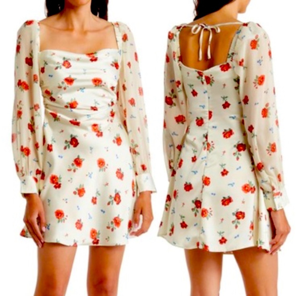WEWOREWHAT - Sheer puff long sleeve mini floral dress. New with tags.